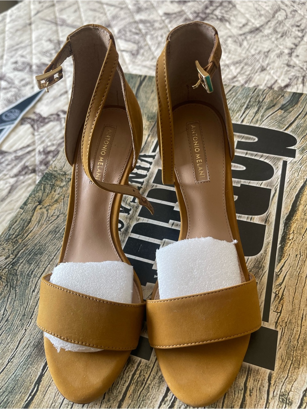 ANTONIO MELANI Mustard Open-Toe Ankle Strap Heels